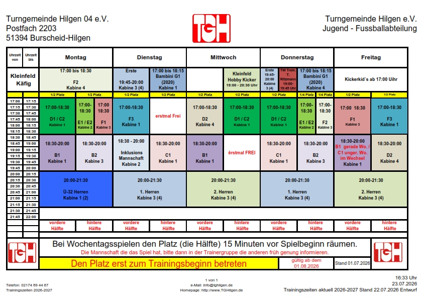 Trainingszeiten aktuell 2026 2027 Stand 22.07.2026